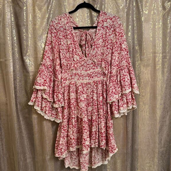 Free People Red Ivory Kristall Berry Red Floral Print Bell Sleeve Mini Dress Lar - Picture 1 of 13
